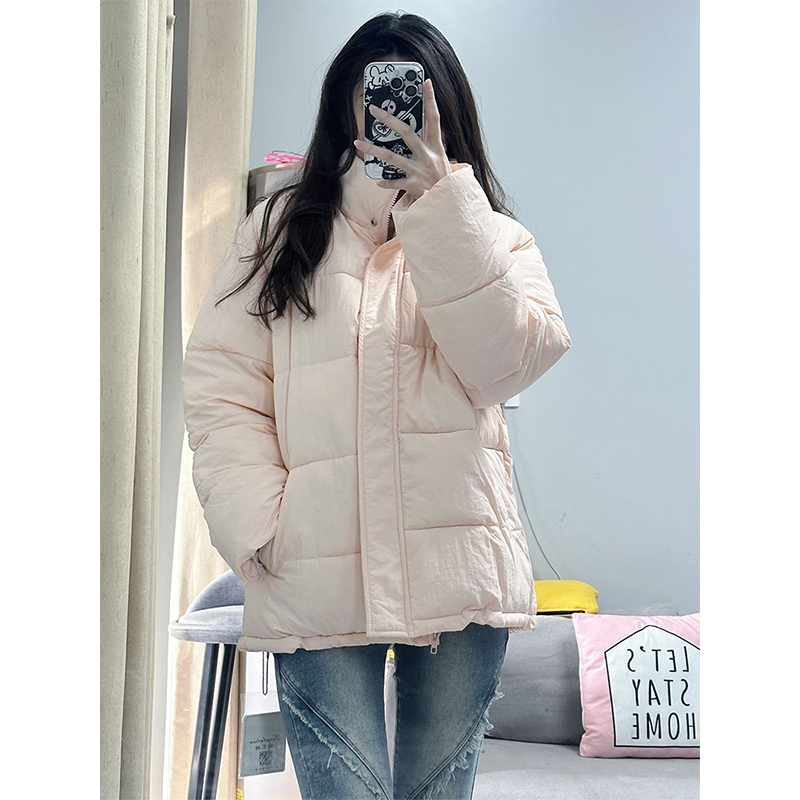 King Brand Winter Thickened Pink Stand-Collar Cotton Jacket for Women, Versatile Loose Letter-Print Cotton Coat, National Trendy Brand down Jacket