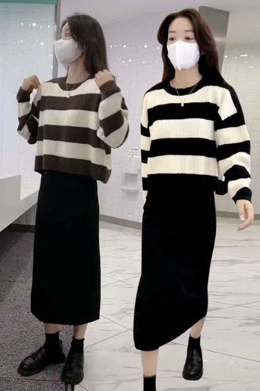 Casual Striped Color-Block Sweater for Women, New Autumn and Winter Round Neck Knitwear, Loose Fit, Slimming, Versatile Long-Sleeve Top, Trendy