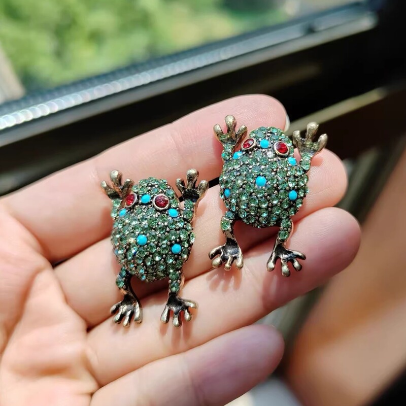 Vintage Sample Items: Unique Craftsmanship, Colorful Gemstone Rhinestone Gold Toad-Shaped Oversized Earrings