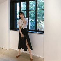 77cm slit lace-up elegant skirt female 2020 summer new high waist thin mid-length a-line skirt