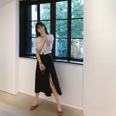 77store slit lace-up elegant skirt women 2021 summer new high waist slim long version of A- line dress