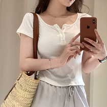 775 button T-shirt womens short-sleeved 2020 summer new slim-fitting thin pullover simple short square collar top