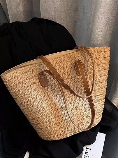 Straw bag women's large capacity 2025 new holiday beach straw bag woven bucket bag vegetable basket seaside tote bag