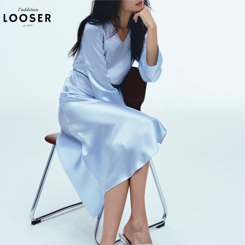 Iamlooser Summer Series Heavyweight Limited Edition Silver-Blue V-Neck Slit Satin Acetate Dress