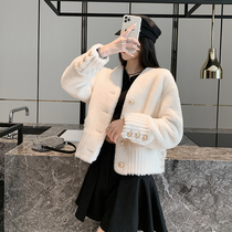 2022 new winter imported merino fur womens short lamb fur V-neck young leather jacket