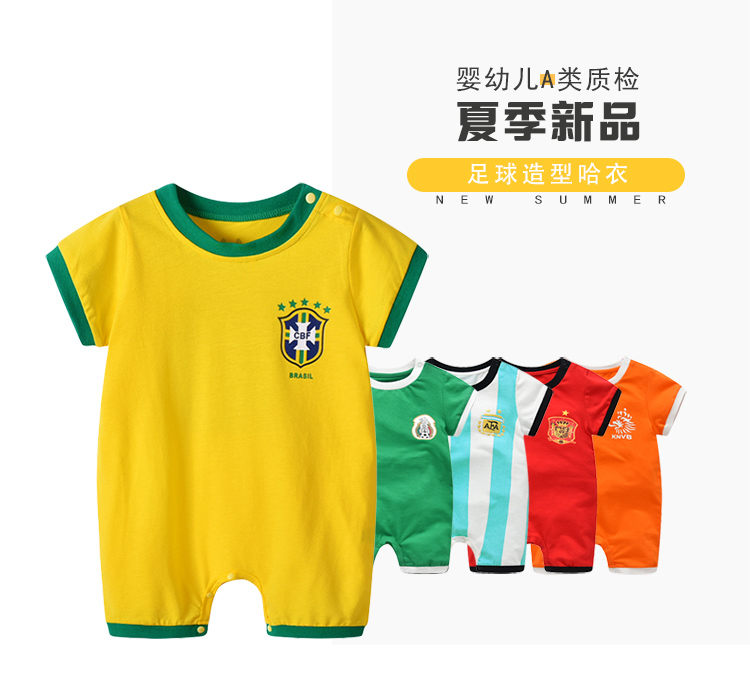 Quần áo trẻ em mùa hè jumpsuit 0-3-6 tháng bé bé world cup quần áo bóng đá 1 cotton sơ sinh romper