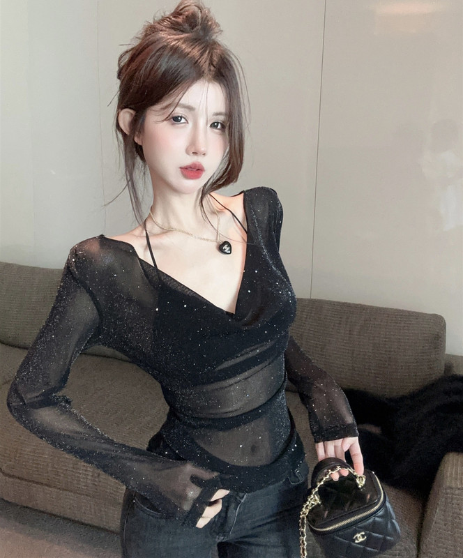 Sparkling Sequin Long-Sleeve T-Shirt for Women, Autumn Pure Desire Sexy See-Through Top, Mesh Base Layer Inner Wear Sparkling Sequin Long-Sleeve T-Shirt for Women, Autumn Pure Desire Sexy See-Through Top, Mesh Base Layer Inner Wear