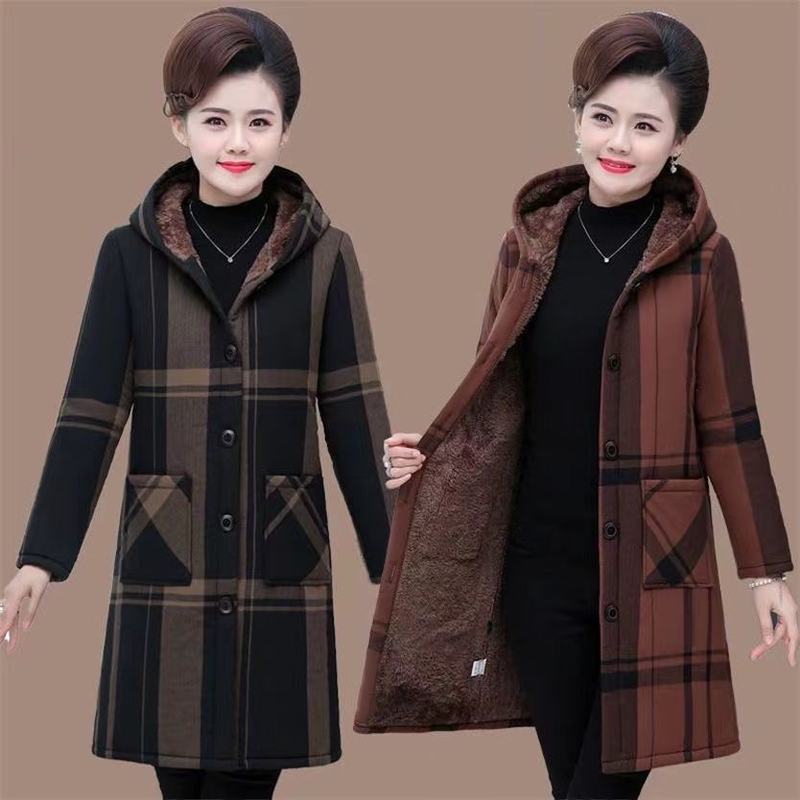 Mom's Style Fleece-Lined Windbreaker Coat for Women, Mid-Length, 2024 Autumn and Winter New Model, Casual Hooded Thick Cotton Jacket for Middle-Aged and Elderly Women