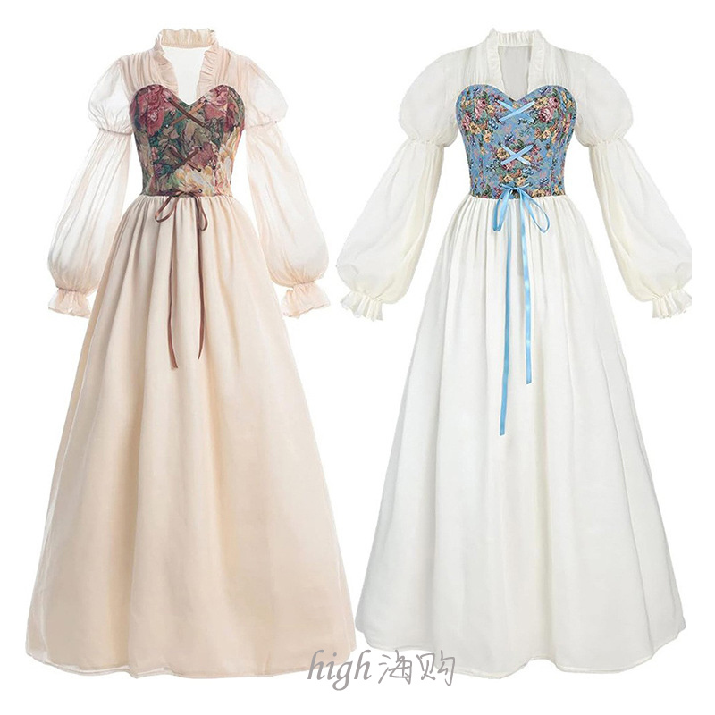 Medieval Fairy Dress, Retro Renaissance Long Gauze Dress, Palace Style Floral Oil Painting Lace-Up Waist Dress