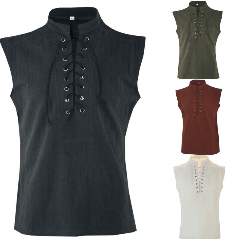 Medieval Stand-Up Collar Sleeveless Men's Top with Drawstring Collar, Cotton and Linen Summer Clothing, European and American Drama Stage Performance Costume, Large Size