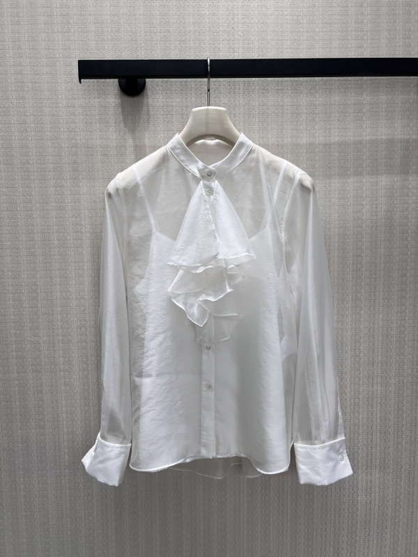 European Style New Sheer White Misty Lightweight Organza Ruffle Long-Sleeve Shirt with Delicate Little Bee Embroidery
