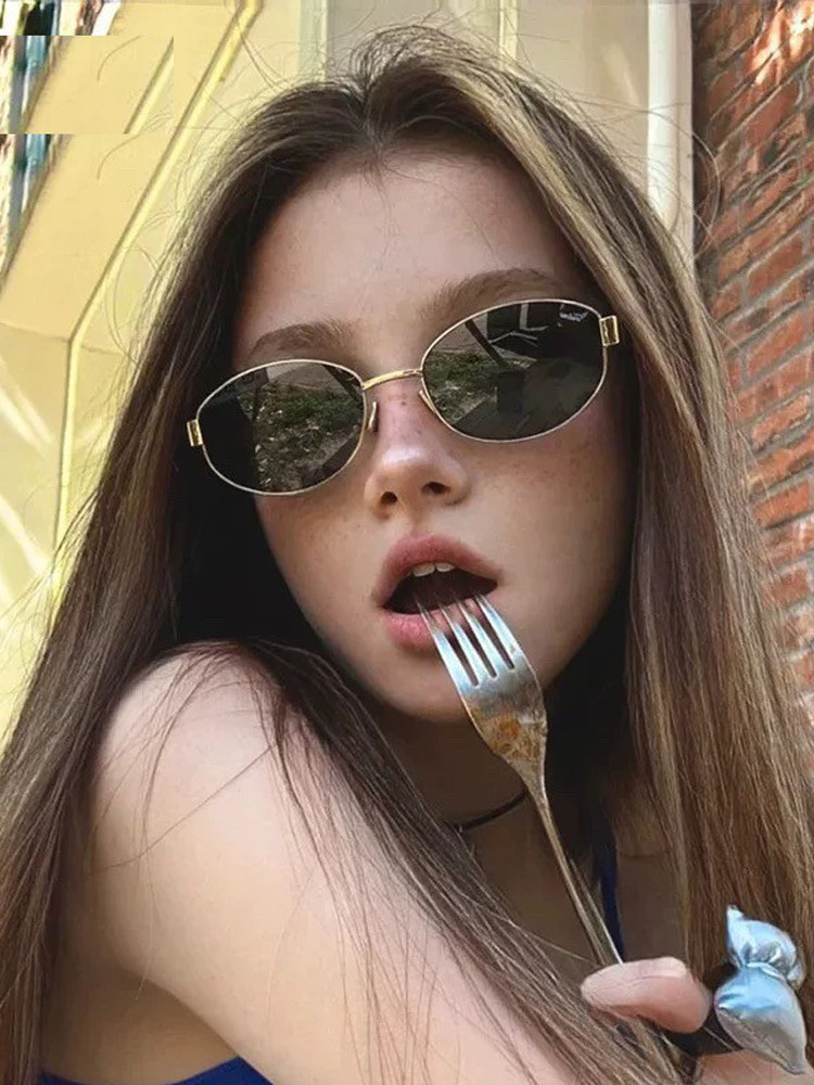 2025 New Metal Oval Small Frame Sunglasses Photo Sunglasses Retro High-End Trendy Women's Sunglasses