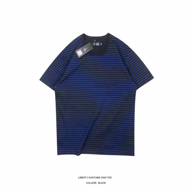 LK 黑蓝条纹短袖圆领舒适新款小清新学生日系青年打底男T恤针织