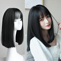 Qi bangs sea wig short hair round face girls' medium short hair realistic natural girl students' hair wig girls