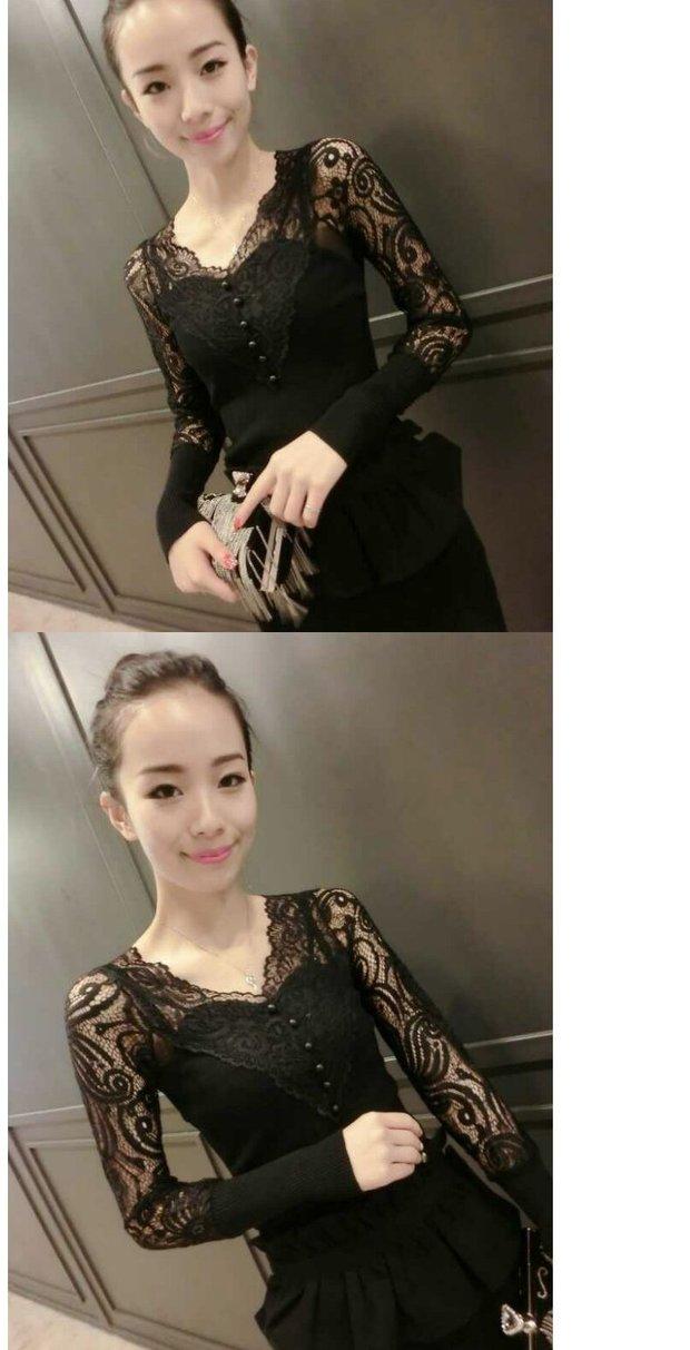 Mùa xuân 2018 mới thu hút áo thun dài tay gợi cảm áo thun nữ cổ chữ V hoang dã ren mỏng chạm đáy áo khoác cardigan nữ