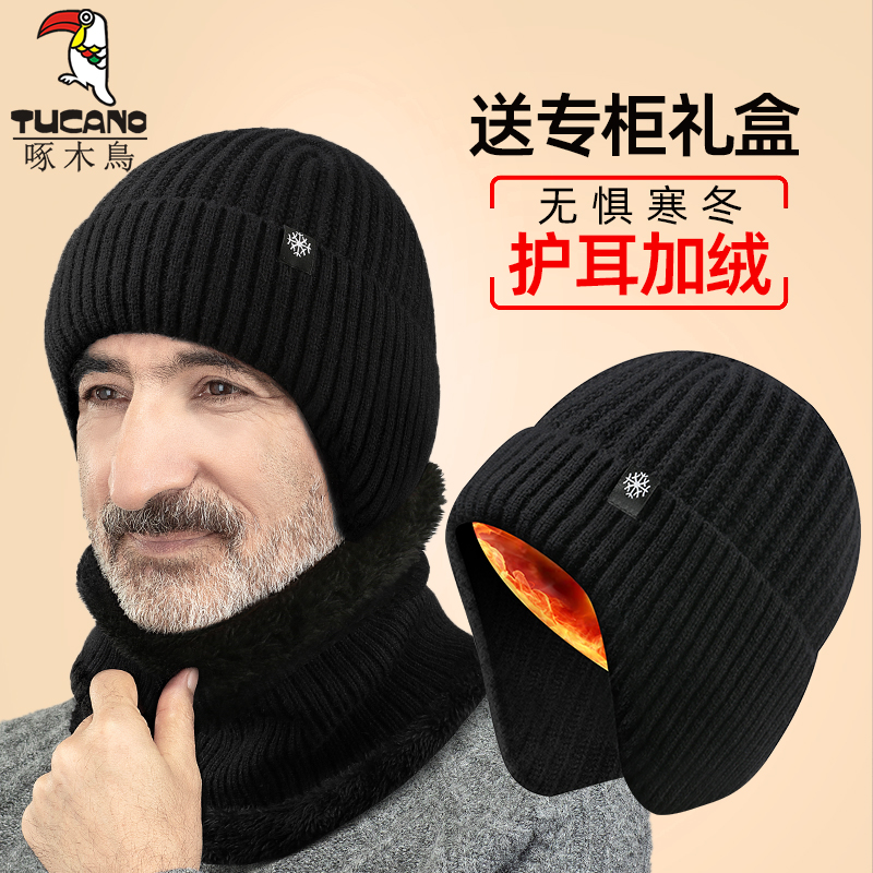 Aged hat in woodpecker, male winter old man warm dad Grandfather Add Suede Thickened Protective Ear Knit Wool cap-Taobao