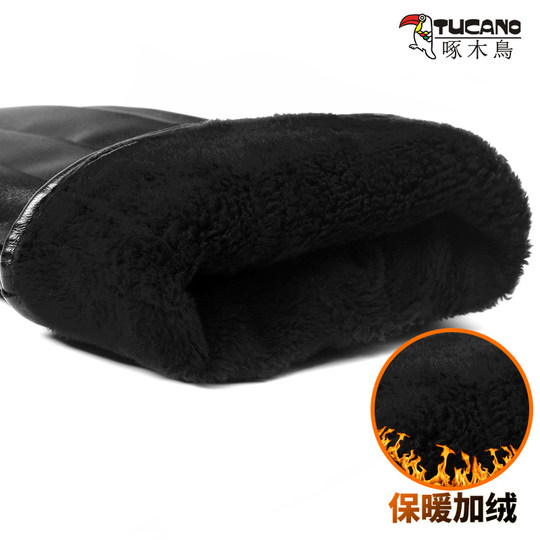 Woodpecker leather gloves men's winter velvet thickening warm windproof waterproof cycling motorcycle riding touch screen gloves