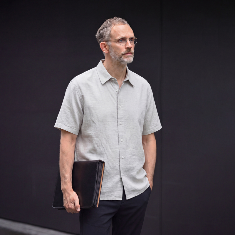 Edot【Linen Coolness】Solid Color Short-Sleeve Shirt for Men, Ice Silk Summer Breathable Anti-Wrinkle Business Collar Top