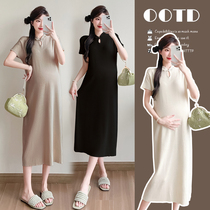 Maternity wear summer thin retro national style improved cheongsam knitted long dress summer slim dress for pregnant women