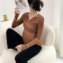 Maternity wear autumn and winter cross-breastfeeding slim solid color sweater simple casual autumn bottoming maternity sweater