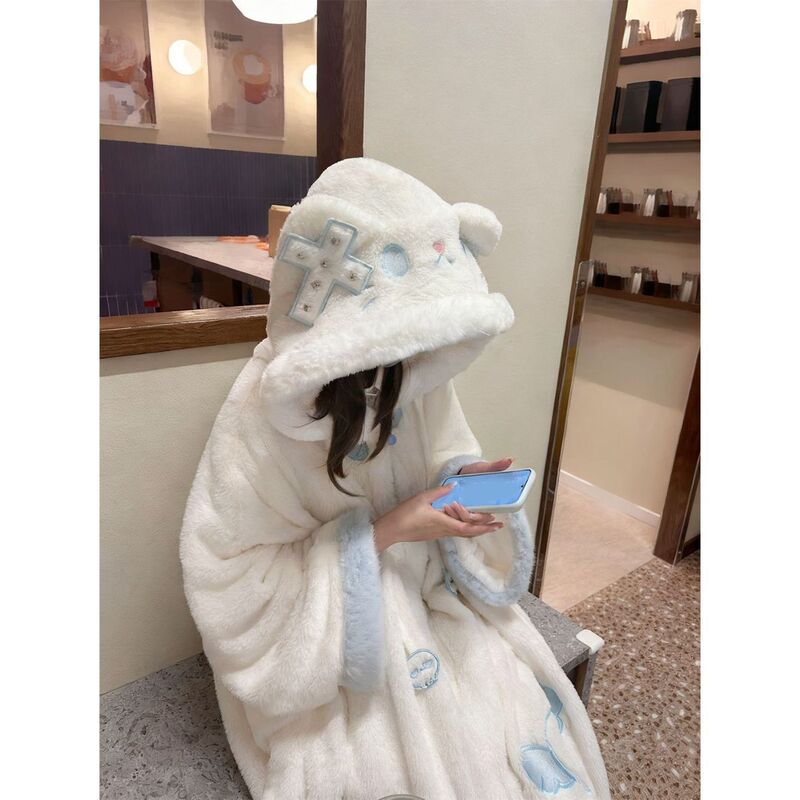 White Ghost Cloak, New Winter Warm Coral Fleece Pajamas for Women, Cute Cartoon Hooded Loungewear That Can Be Worn Outside White Ghost Cloak, New Winter Warm Coral Fleece Pajamas for Women, Cute Cartoon Hooded Loungewear That Can Be Worn Outside