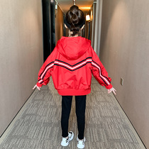 Girls Spring and Autumn 2021 New loose hooded red coat foreign style Korean casual bat sleeve jacket coat tide
