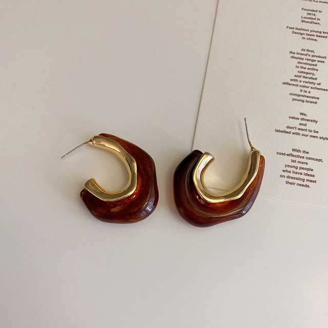 Coffee Irregular Earrings & 925 Silver Needle & Gold PlatingSilver needle French Retro geometry Metal resin Earrings female the republic of korea temperament personality fashion Ear Studs Earrings Cold wind