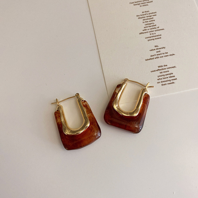 Coffee Square Earrings & 925 Silver Needle & Gold PlatingSilver needle French Retro geometry Metal resin Earrings female the republic of korea temperament personality fashion Ear Studs Earrings Cold wind
