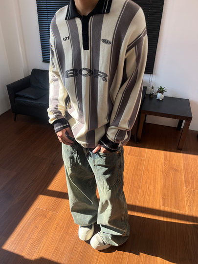 BeOurRule americano retro a rayas cuello polo deportes jersey suéter suelto hombres y mujeres suéter de moda invierno