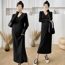 Pregnant woman autumn long-sleeved large-size top spring and autumn fashion V received knee loose and thin pregnant woman dress winter