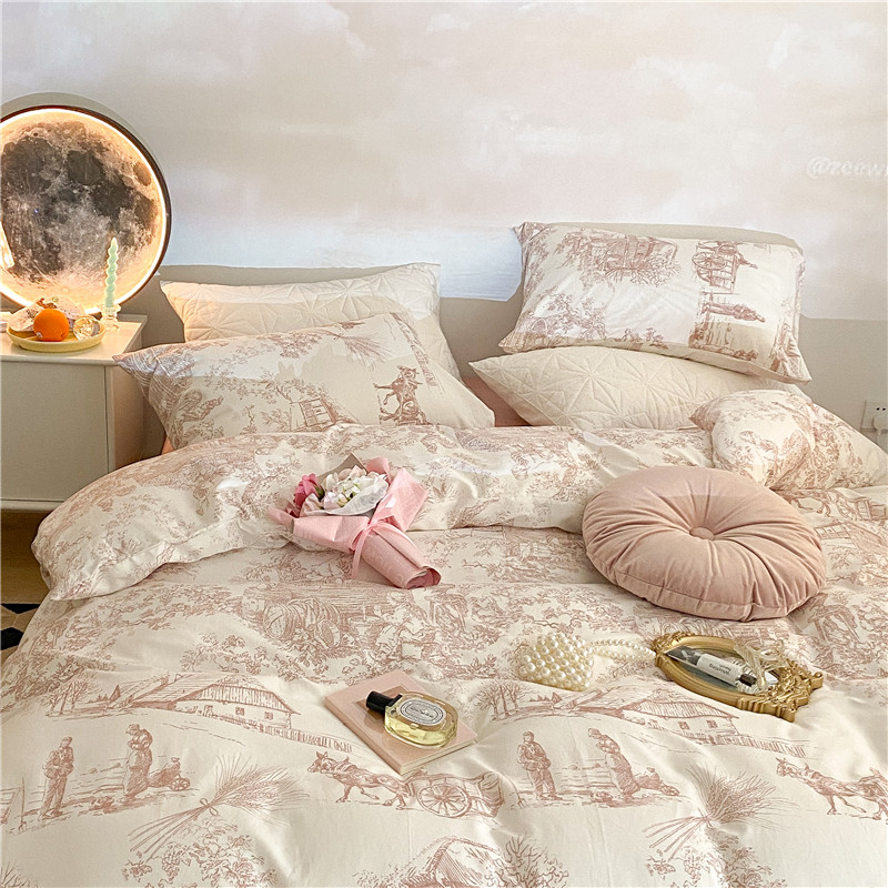 (flower face cat) Water ink painting ~ Early spring pure cotton All cotton Girl Heart Quilt Cover four sets of bed products