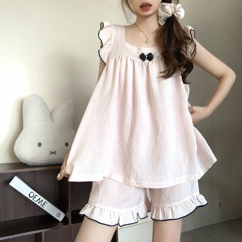 Sweet Bow Summer Flutter-Sleeve Girl's Pajamas 2026 New Summer Pink Plus-Size Women's Tank Top Loungewear