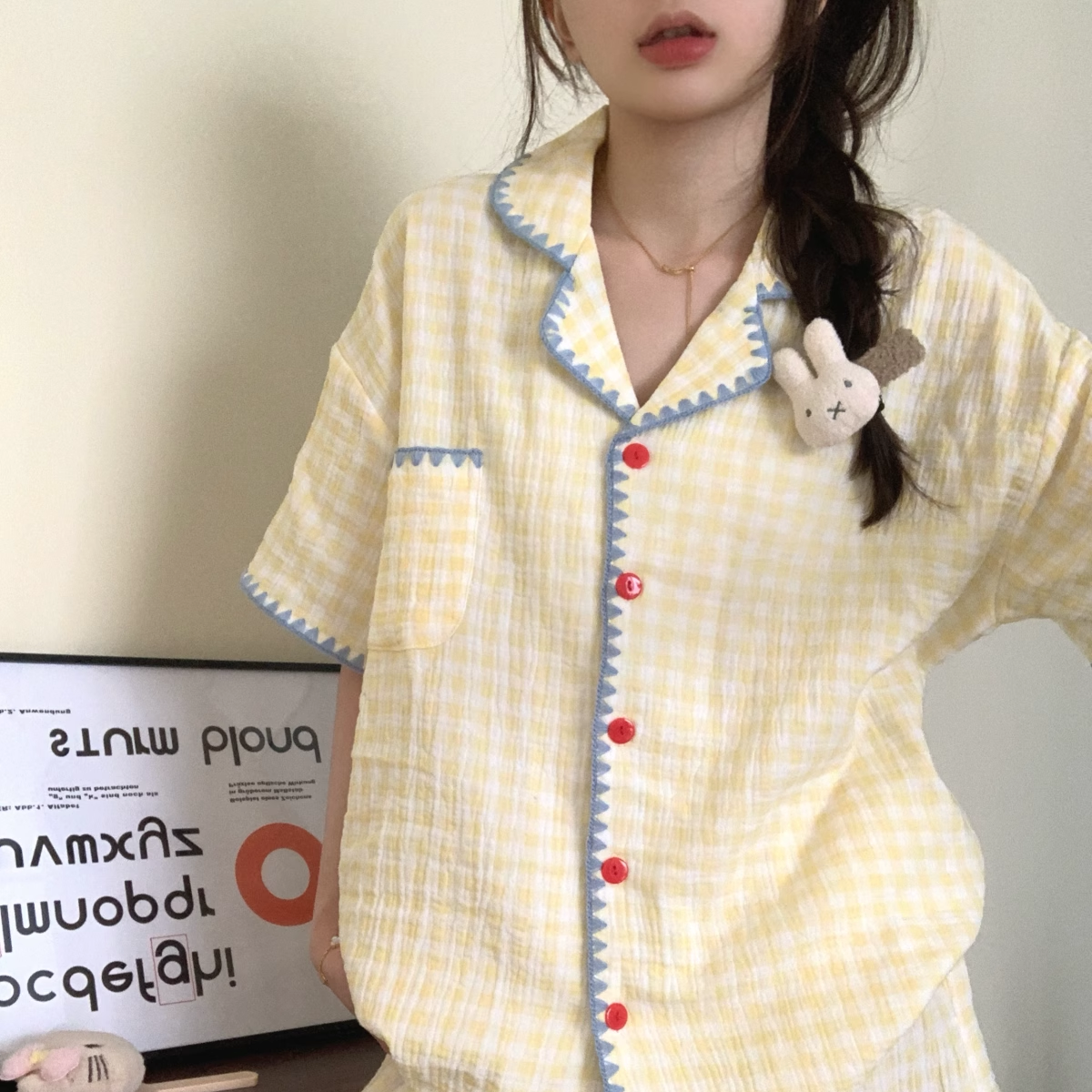 夏のかわいいコントラストカラーのチェック柄コットンヤーンパジャマレディース夏2025新作半袖スーツ二重ガーゼホームウェア