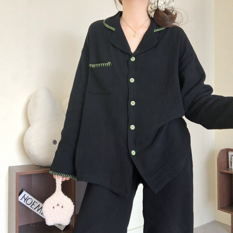 Casual Black Spliced Pure Cotton Gauze Long-Sleeved Pajamas for Women 2025 New Spring & Fall Double-Layer Gauze High-End Home Wear