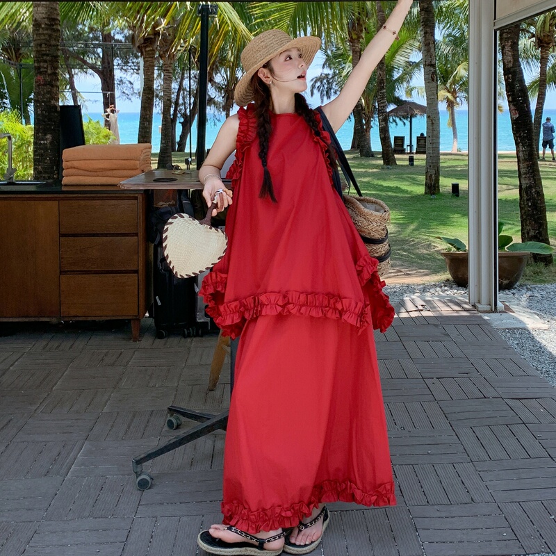 Red Ruffled Edge Tank Top and Skirt Set for Women, 2026 Summer New Holiday Style, Youthful and Stylish Complete Outfit