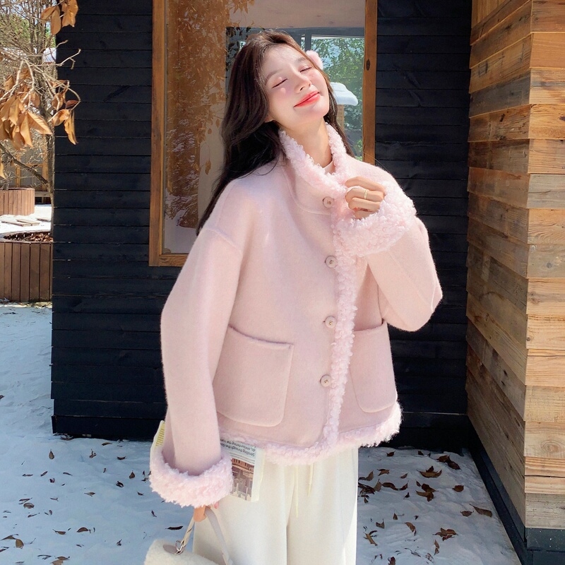Gorgeous Pink Lamb Wool Short Coat for Women, 2026 Autumn and Winter New Korean Style Stand Collar Age-Reducing Shearling Jacket