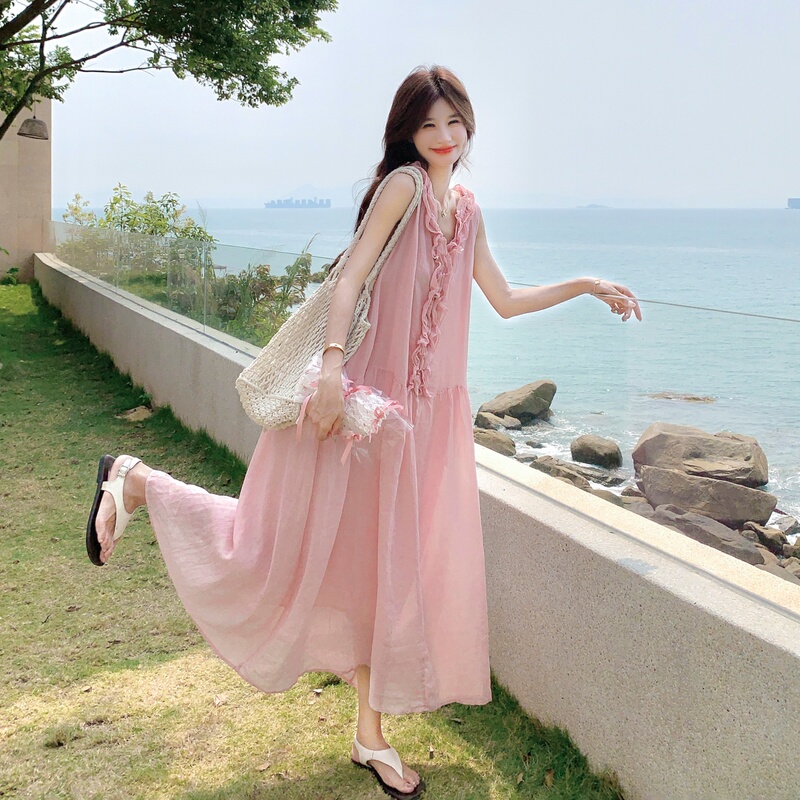 Seaside Tyndall French-Style Pink Ruffled Dress, Stunning for Summer, Perfect for Petite Figures, Bright and Vibrant, Ideal for Thailand Vacation