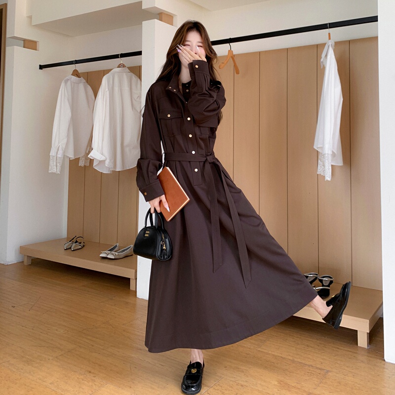 Coffee-Colored Tie-Waist Shirt Dress for Women, 2026 Autumn New Korean Style, Mid-Length, Slim-Fit, Long-Sleeve Dress for Work Coffee-Colored Tie-Waist Shirt Dress for Women, 2026 Autumn New Korean Style, Mid-Length, Slim-Fit, Long-Sleeve Dress for Work