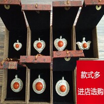  Mongolian Miao ethnic minority 990 sterling silver pendant love hollow necklace pendant Sweater pendant Inlaid imitation coral pendant