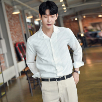 Mens long sleeve shirt mens summer Korean version of loose Joker striped shirt mens thin youth interior fashion shirt