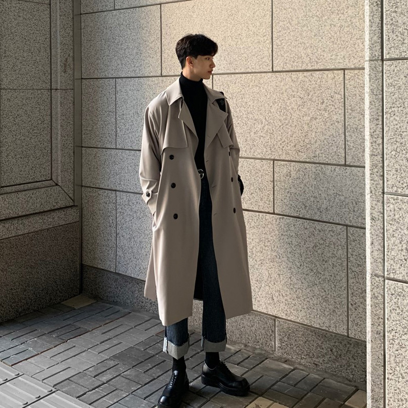 The wind coat 2021 new medium long version of the men's long version handsome with a kneecap, a handsome trench Korean version trendy Inn wind double-row button