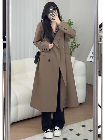 Large size windbreaker for women 2023 new fat mm high-end suit jacket for women spring and autumn mid-length British coat