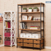Simple Solid Wood Bookshelf Iron Art Bookcase Living Room Creative Shelve Multilayer Bookcase With Drawer Landing Show Shelf