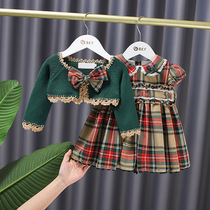 Baby girl dress dress spring new knitted coat retro plaid doll
