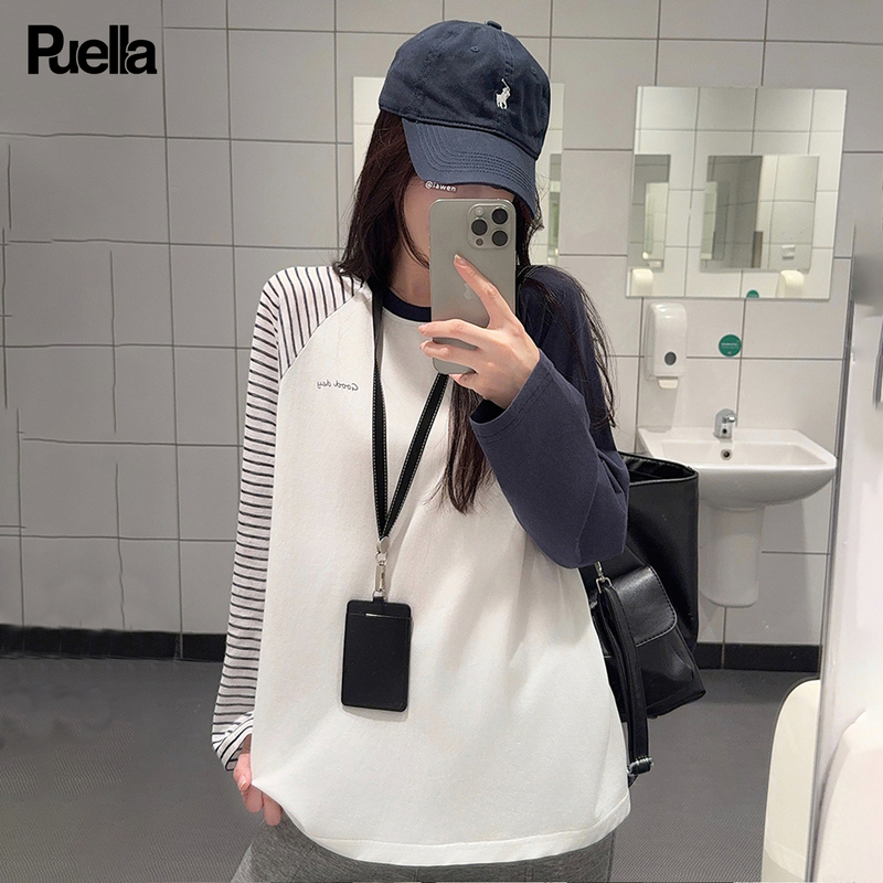La Chapelle Puella 2026 Spring Korean-Style Fashion Design Striped Raglan Sleeve Loose Round Neck Top