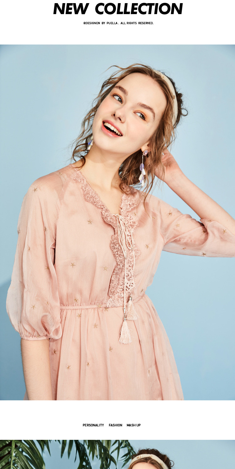 Đầm voan tay phồng váy công chúa nữ 2019 hè retro eo cao buông tha phần dài v-cổ váy - Váy eo cao đầm xoắn eo