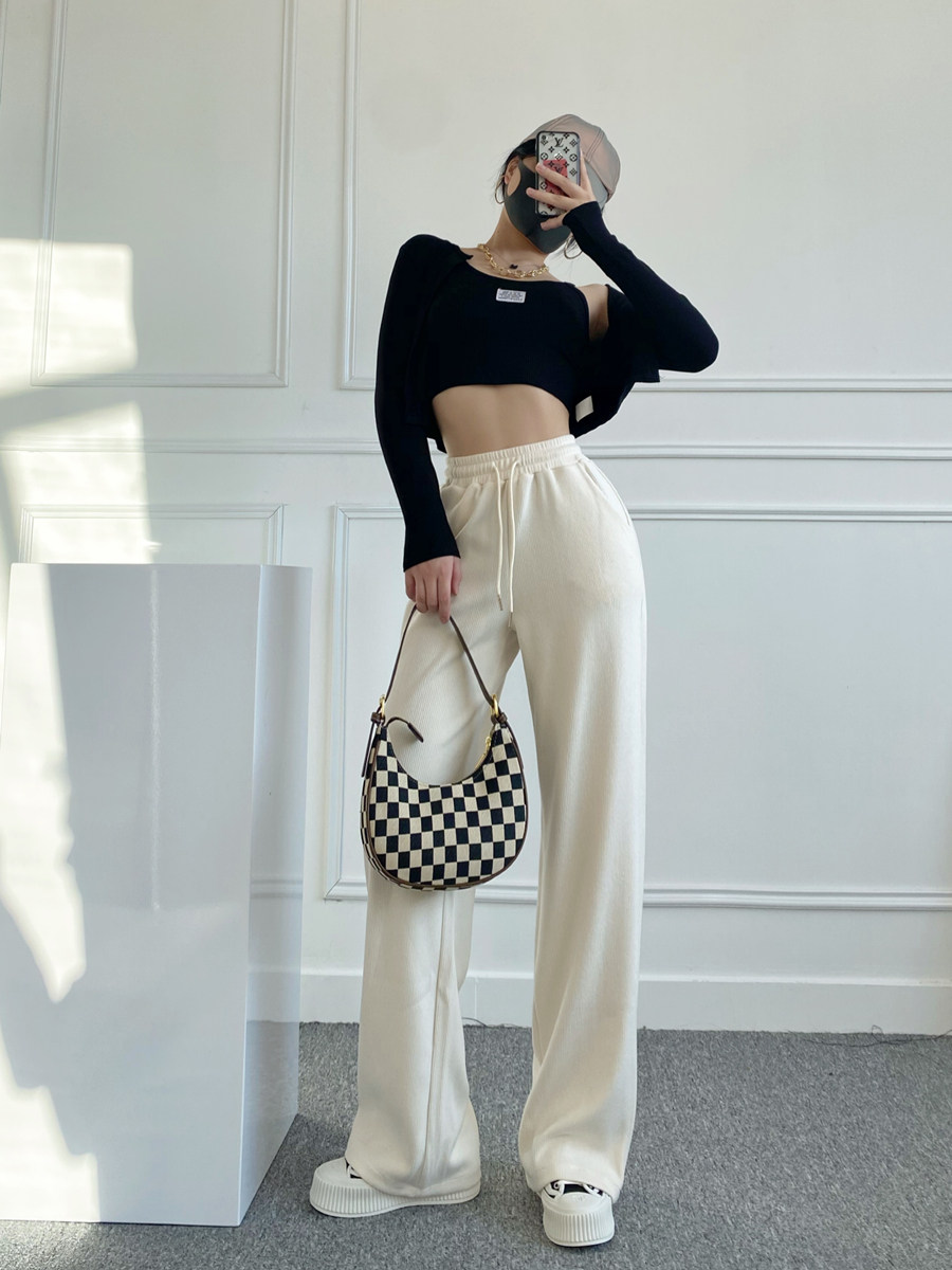 175 lengthened knitted casual wide pants thickened with thin high waist pituitary straight barrel drag underpants woman tall and autumn winter