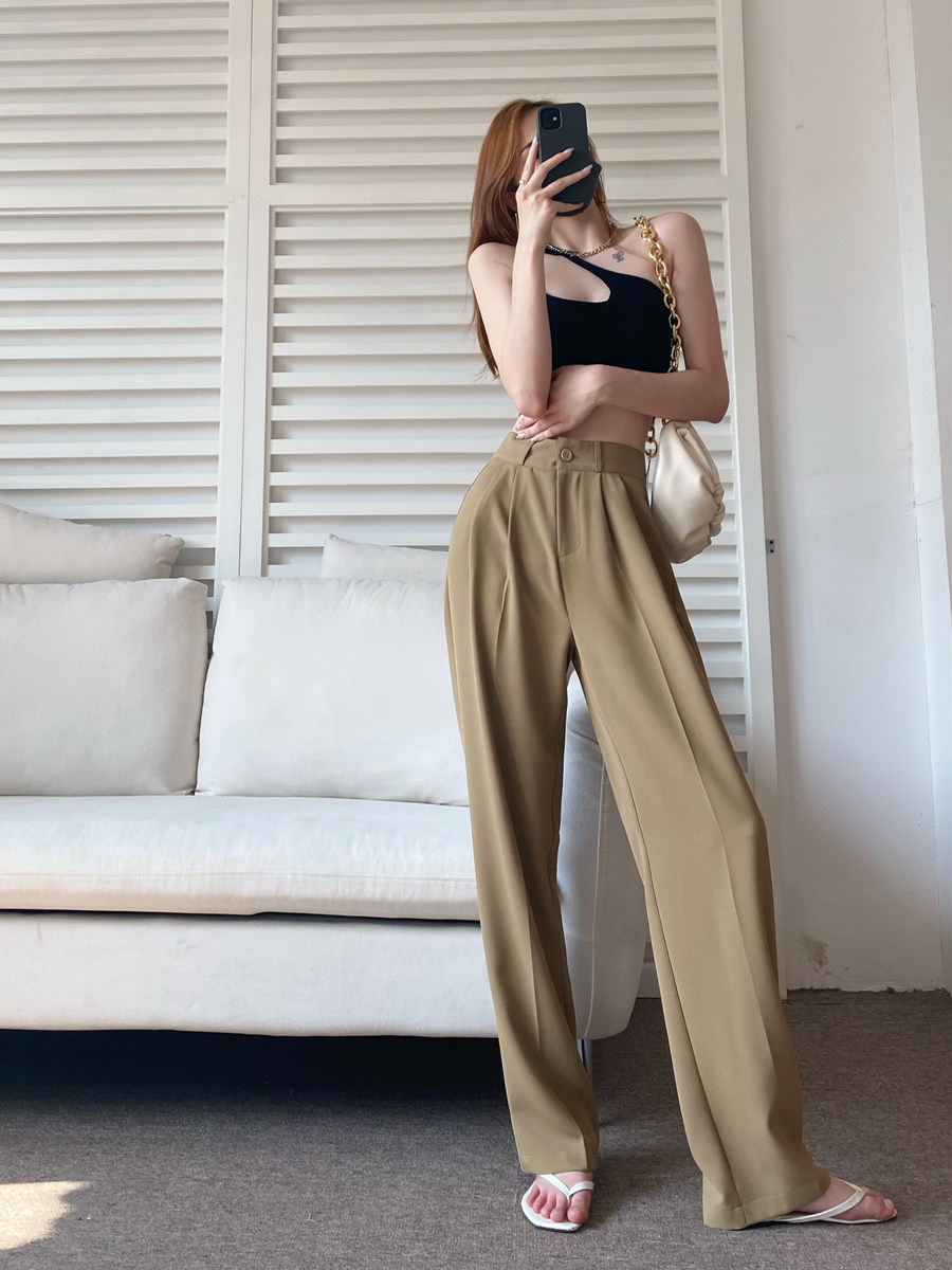 Lengthened broadleg straight cylinder Western suit pants female high sub loose with slim height waist pleated pituality casual drag pants thin summer