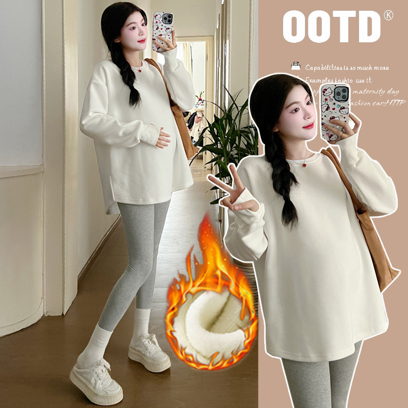 2023 new pregnant women Autumn winter clothing slats undershirt gushed plain cotton winter blouses warm inner lap t-shirt suit-Taobao