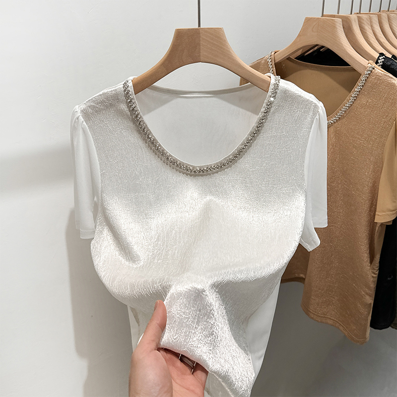 White Loose Short-Sleeved T-Shirt for Women, Summer Fashion, Textured Splicing, Mesh Back with Rhinestones, Elegant and Age-Reducing Top